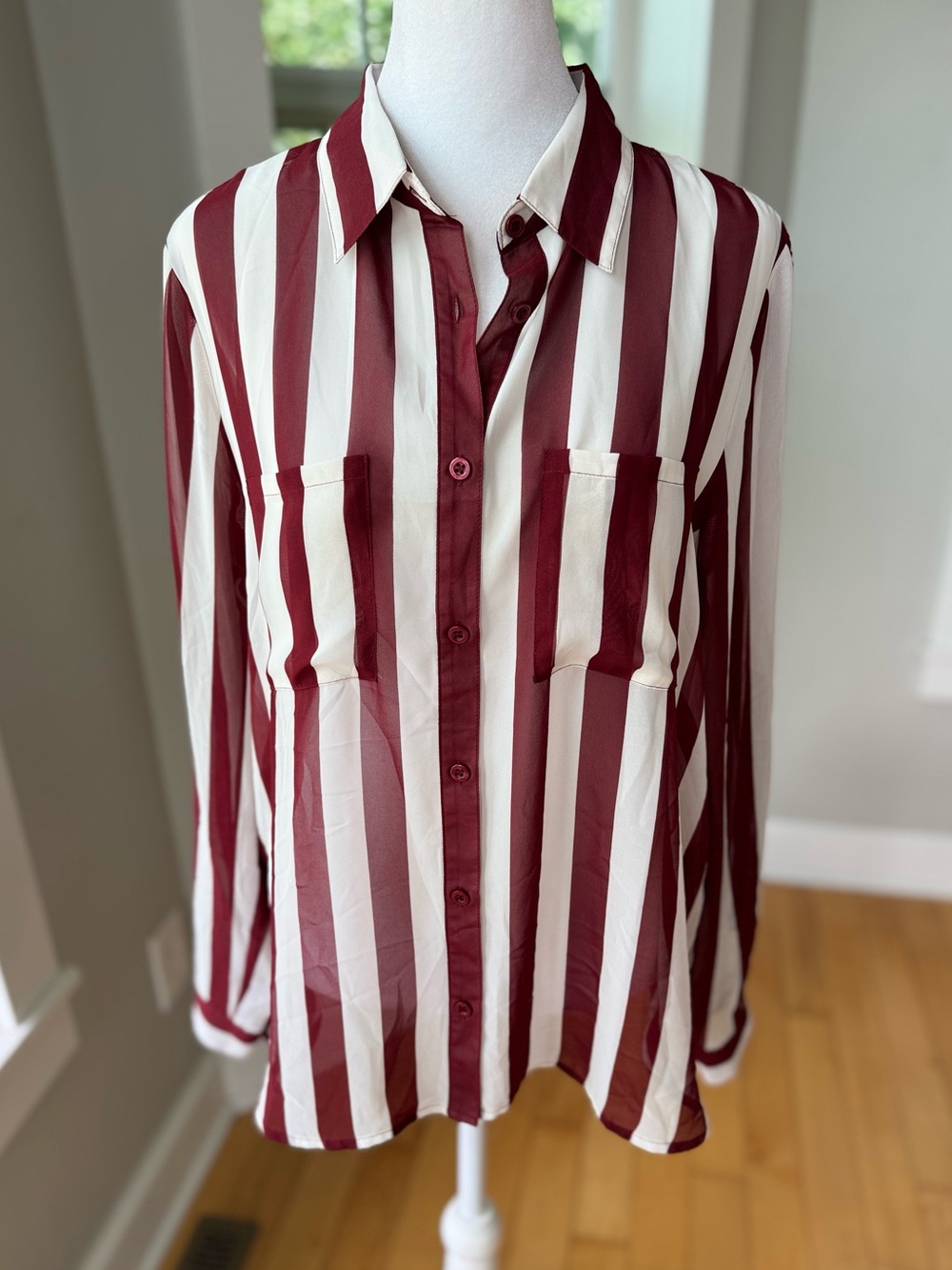 Vintage Y2K Forever 21 Sheer Burgundy White Vertical Stripe Button-Down Shirt